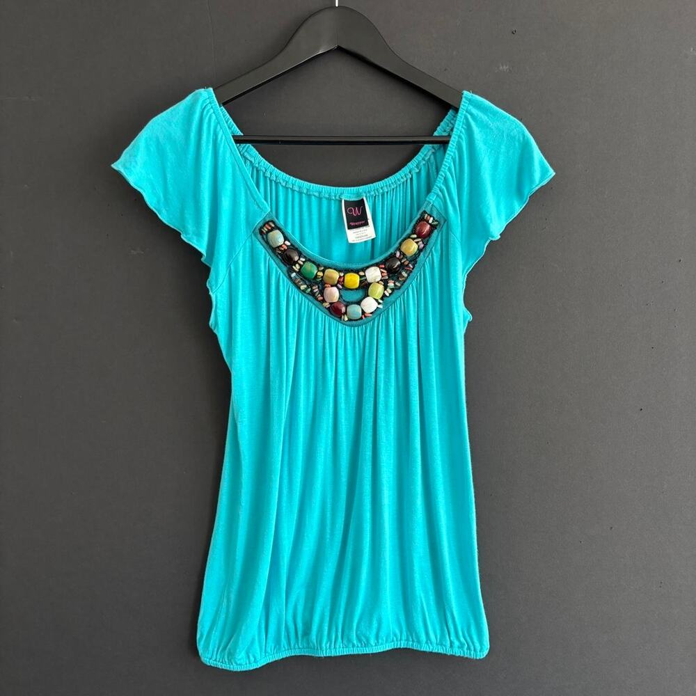 Vintage Y2K Wrapper Turquoise Beaded Rayon Top Made USA Boho - Size Medium
